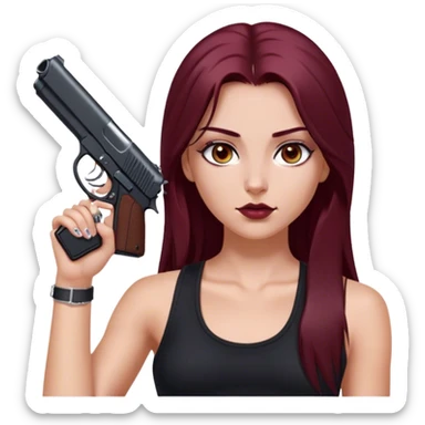 emoji of white girl with black gun in hand with a black tank top gorgeous girl y2k with maroon dark long hair in a middle part with straight nose hazel eyes medium perfect eye brows with  a nose ring silver on the right nostril  sticker
