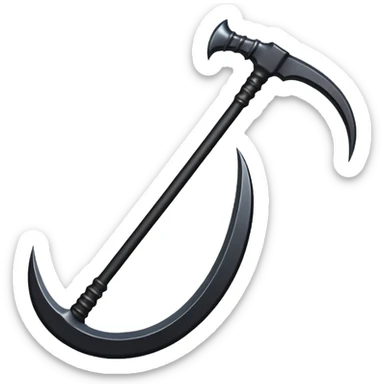 The scythe of the God of Death, a symbol of death, is long and straight, entirely in deep black. sticker