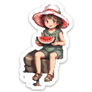 cheerful child in a floppy sun hat eating watermelon, sitting on a riverbank, pixel art, bright summer colors sticker