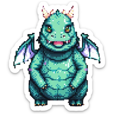 pixel art dragon, tiny wings, chubby body, cheerful expression sticker