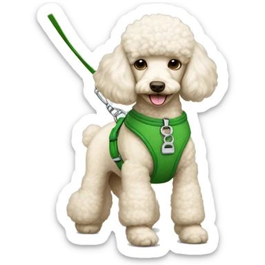 Cream poodle with a green harness and a green leash. sticker