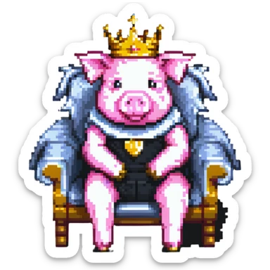 minimal abstract pixel art pig with a golden crown sitting on a throne, blocky and square like Minecraft, very few pixels sticker