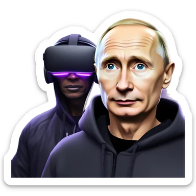 Vladimir Putin wearing a black hoodie with "OMG" letters on it and VR headset oculus quest 2 in a cyberpunk VR environment with violet neon lighting. sticker