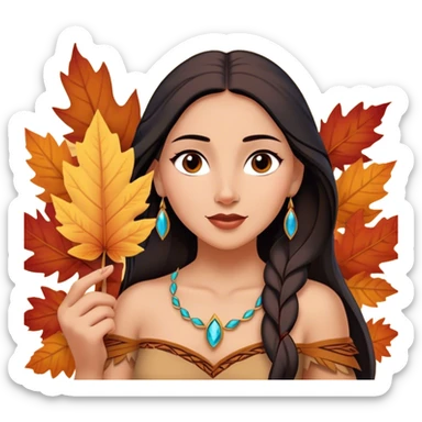 Cinematic Playful Pocahontas Portrait Emoji, Tilting her head with a knowing smirk, holding a delicate autumn leaf, eyes glimmering with adventure, an enchanting blend of confidence and charm, absolutely captivating! sticker