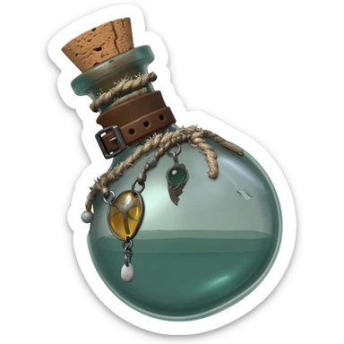 an empty round potion bottle a little rotated with a cork and decorations on the bottle like ropes and belts and random stuff sticker