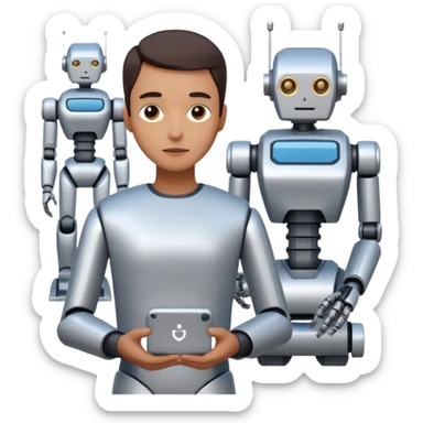 One person is waist-deep, next to simplified forms of robots or manipulators without details, the lines are clean and geometric. sticker