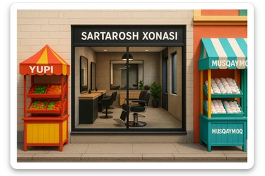 brohouse sartarosh xonasini chizib ber tashqaridan va uning yonida yupi va musqaymoq sotadigan lavkalar bulsin va sartarosh xona sal zamonaviyroq bulsin sticker