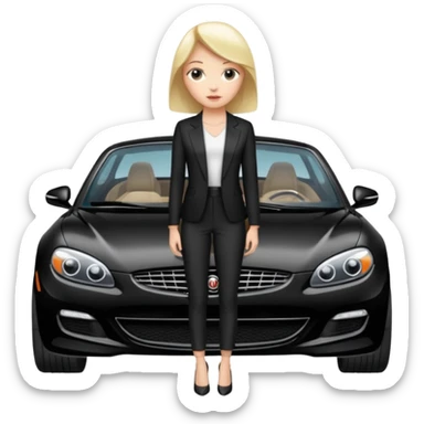 A fast, expensive black car with a young woman beside it sticker