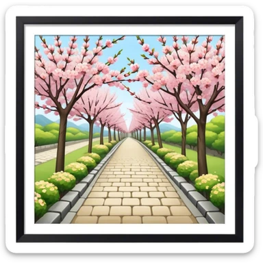 Blossom trees in Japan next to a footpath sticker
