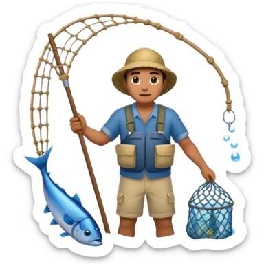 a Polynesian fisherman standing in the water with a large net full of fish sticker