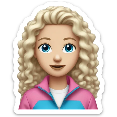 white girl with blue eyes and long curly hair with pink Quarter zip up jacket sticker