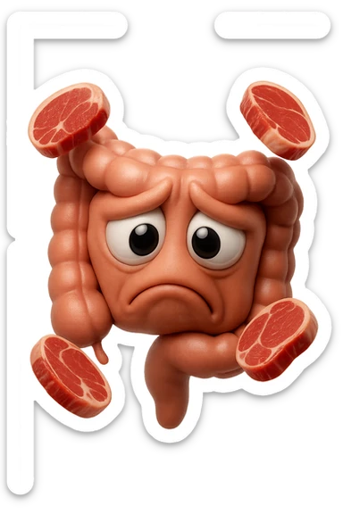 emoji stile iphone in 3d di un intestino triste con fette di carne che gli fluttuano intorno, gli occhi falli con la parte bianca pure, iperrealistico 4k sticker