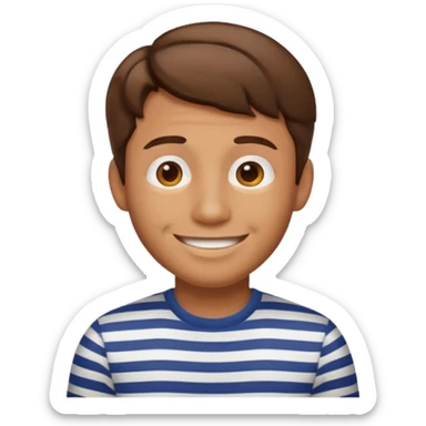 “Cartoony emoji avatar man, tanned skin, short wavy hair, wearing a striped shirt, smiling, clean turquoise background.” sticker