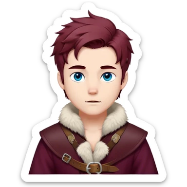 Medieval winter outfit worn by a DnD themed fantasy male character. Thick burgundy wool tunic with arctic fox fur lining, adorned with bronze clasps and a sturdy woven leather belt. Clothes only above the waist, full waist coverage. The character has no arms. Character is white-skinned with mahogany hair, stormy blue eyes, and short layered hair windswept with winter chill sticker