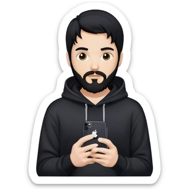 hackeur blanc cheveux noir barbe et capuche noir avec un iphone 16 pro sticker