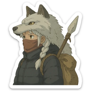 1 female, gold yellow eyes, white hair with a single long braid, wolf headdress, rag face covering, dark colored puffer parka, gazing into the distance. overcast lighting. the has a burlap bag-rope backpack, and a wooden spear with a bone knife tip sticker