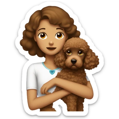 Girl with sad eyes hugs a brown poodle sticker