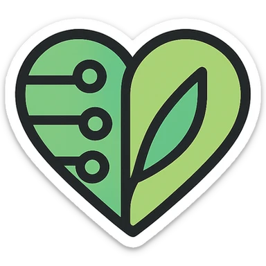minimalist emoji-like icon representing health and technology, green heart with embedded circuits on the left and a leaf shape on the right, clean flat style, optimized for small sizes 32x32 px sticker