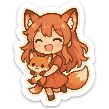 chibi stickers style fox girl holding a tiny fox, cheerful and energetic sticker