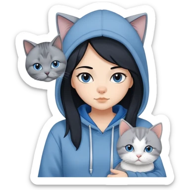Girl with black hair in gray hoodie with a British shorthair blue and white cat and a long-haired blue and white cat sticker