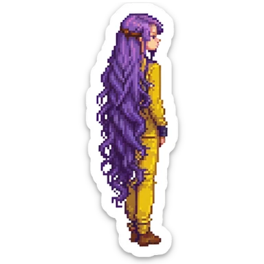 Girl with long purple hair that flows down her back, pixel art style sticker