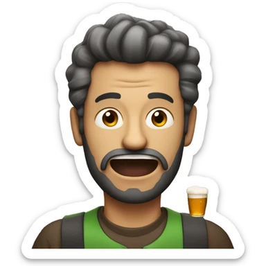 man with crazy face holding a beer bottle and a pint sticker
