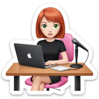 Redhead Bob with fringe with green eyes sat at desk with pink MacBook and  podcast microphone black top and pink chair  sticker