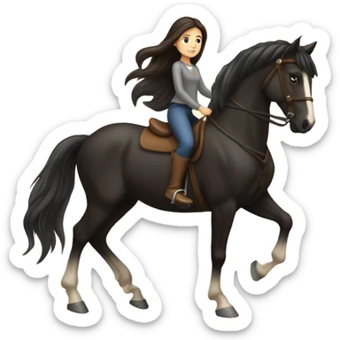 brunette girl with long hair riding a freisian horse sticker