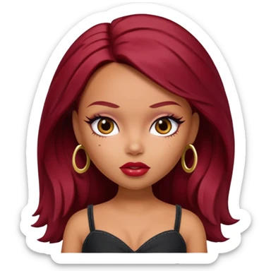 Bratz doll with dark red hair and a beauty mark sticker