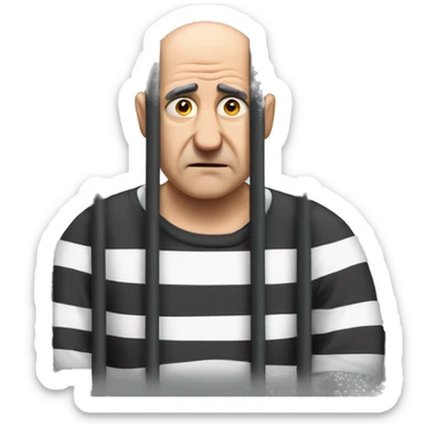 A bald old sad prisoner with a prison shirt does nothing behind bars sticker