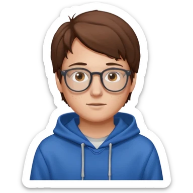 white boy with brown hair and eyes glasses freckles and hoodie sticker