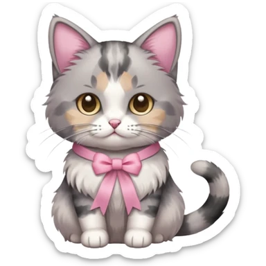 Sitting Dilute grey calico cat with pink ribbon sticker