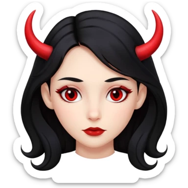 A girl's face with cheekbones, red skin, long black hair, small red horns, and red eyes. sticker