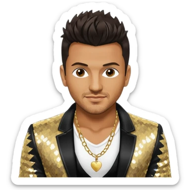 Peter Andre with dark brown hair, black sequin jacket, shirtless with necklace sticker