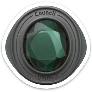 A Obsidian ring, with a dark GREEN gem, make it have a faint tint of a sage , make the rest of the ring have Greek letters that spell Council sticker