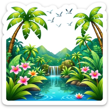 Lush exotic tropical sparkly colorful flowery jungle nature glittery water wildlife scenery  sticker