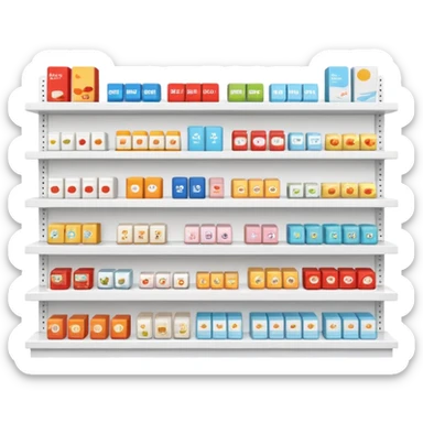 "Minimalist Japanese retail shelf display, identical products placed directly behind one another (same items stocked in depth), different product types arranged side by side, clean spacing, precise symmetry, soft neutral lighting, front-facing packages, ultra-detailed." sticker