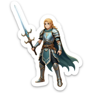 An icon representing an RPG, inspired by Elden Ring, featuring a lone warrior standing on a cliff overlooking a vast, mystical landscape. The design includes intricate armor, a glowing sword, and a majestic, otherworldly sky. Transparent background sticker