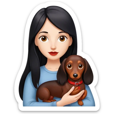 White girl with black straight long hair holding a red dachshund  sticker