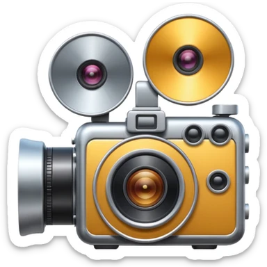 Minimal emoji icon of a huge cinematic metalic camera, front view, simple shapes, realistic lens,  sticker