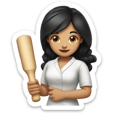 girl masseur with black hair and big brown eyes holds a wooden rolling pin in her hand sticker