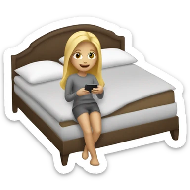 Blond female using iPhone in the dark in bed with grey bedding and brown carpet floor sticker
