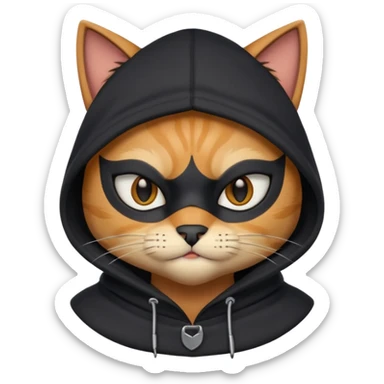 thief cat portrait, head and shoulders only, black mask markings, sly eyes, dark hoodie collar, mischievous expression, 3D cartoon, mobile game icon style, clean background, no text, no watermark
 sticker