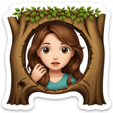 cute woman long wavy brown hair tattoos peeking from tree hole sticker