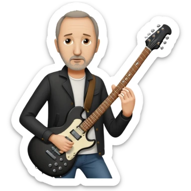 Pete Townshend portrait, serious expression, holding guitar sticker