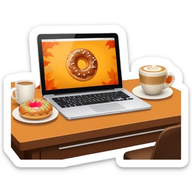 Laptop with pumpkin spice latte and a cinnamon donut on a desk fall scenery sticker