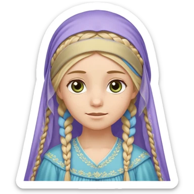 
mujer, Joven, de aspecto dulce y elegante.
Piel clara, ojos grandes y expresivos (pueden ser azules o verdes), sonrisa triste.
Rubio o castaño claro, largo, con trenzas o velo.
Vestido largo de tonos suaves (blanco, azul o lavanda), con bordados dorados; un manto o toca fina cubriendo la cabeza.
 sticker