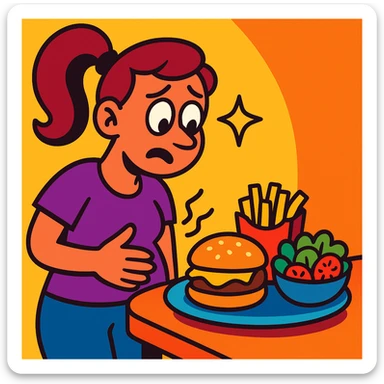 cartoon of a woman with a rumbling stomach, looking at food, playful style, vibrant toon style sticker