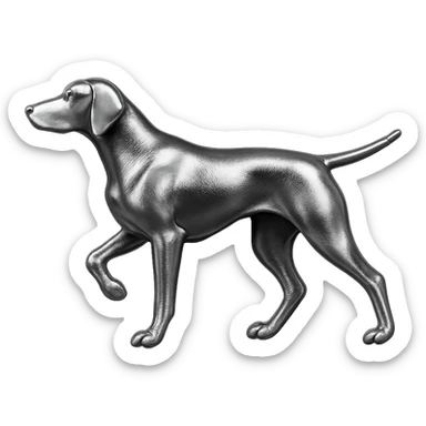               Apply a high-end, photorealistic metallic chrome material to the provided {subject}. The material should have a smooth, slightly curved surface with subtle reflections and soft shadows, resembling brushed or polished silver metal. Preserve the exact shape, proportions, and design of the original object. Set it against a solid black background (#000000) in 8K resolution. The lighting should enhance the beveled edges and reflective highlights, creating a sleek, premium finish. {subject} = dog pointing left sticker