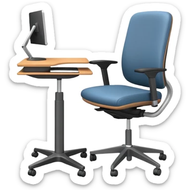 3D minimal icon of a height-adjustable motion desk with a modern ergonomic office chair, featuring a subtle accent in #FF3D00. Clean, high-end, and modern style. sticker